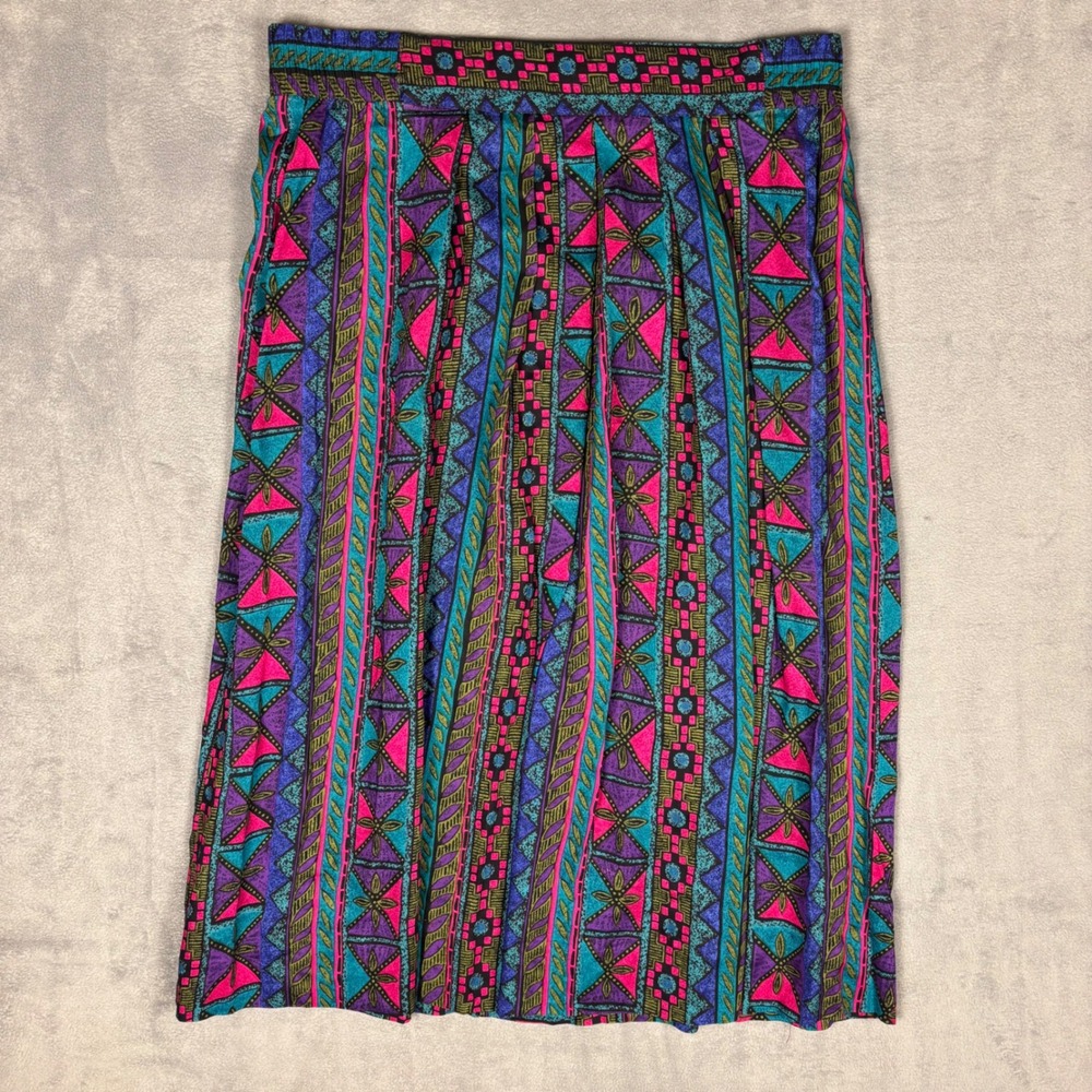 Vintage Norton McNaughton 90s Geometric Rayon Midi Skirt Pink Teal Purple Sz 16